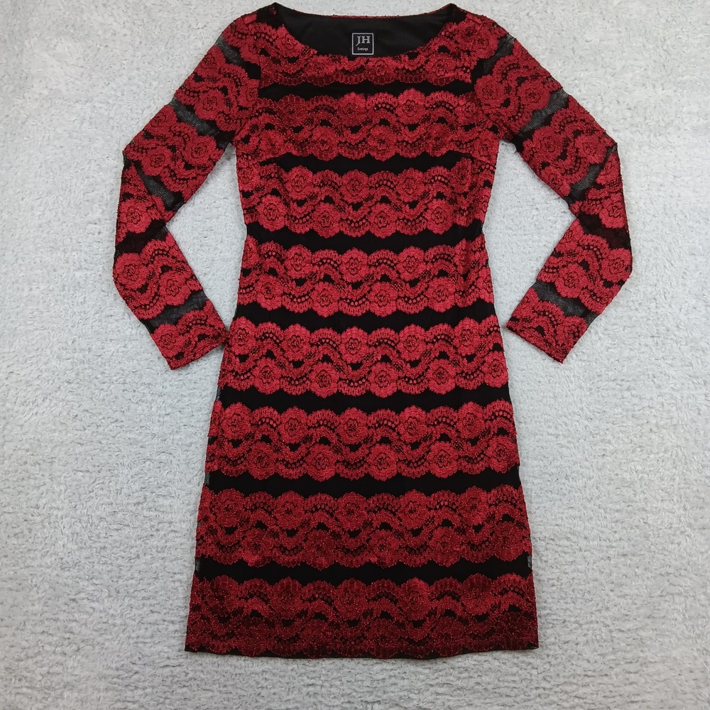 JH Evenings Sheath Dress Women 8 Red Floral Metallic Lace Long Sleeve JH6M6557
